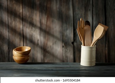 Wooden table background in kitchen and free space for your decoration.Sunny warm day and copy space for your composition.  - Shutterstock ID 1695504184