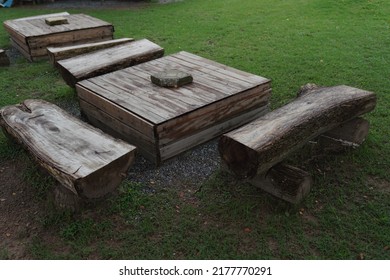 Wooden Table And Bench In A Picnic Area Of A Public Park.