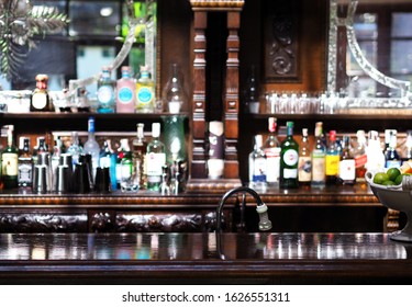 Wooden Table Blur Bar Alcohol Background.