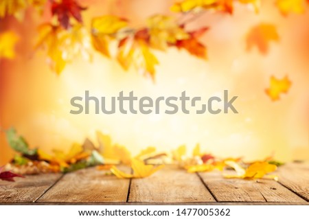 Wooden table and blurred Autumn background. Autumn concept with red-yellow leaves background.