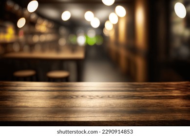 Photo of Wooden table blurred background of restaurant of cafe with bokeh. Flawless
