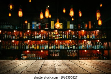 Wooden Table With Blurred Liquor Bar Background	