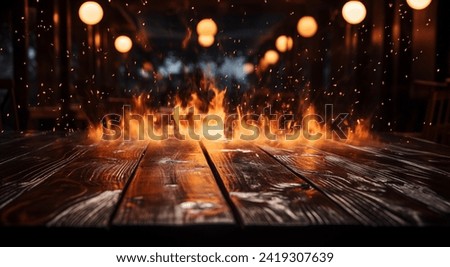 Wooden table with burning Fire sparks