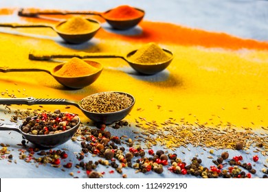 Wooden Table Of Colorful Spices. Food, Indian, Colorful.