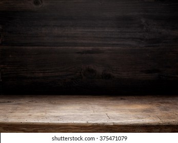 Wooden Table And Dark Wooden Wall, Cooking Background