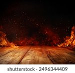 wooden table with Fire burning at the edge of the table, fire particles, sparks, and smoke in the air, with fire flames on a dark background to display products	