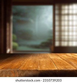Wooden table of free space and blurred background of japan interior with big window .  - Shutterstock ID 2310739203