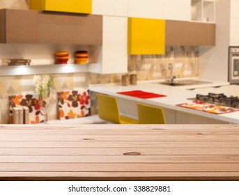 Wooden Table Of Free Space And Room Of Kitchen 