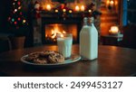 A wooden table holds a plate of freshly baked chocolate chip cookies. A steaming mug of hot chocolate sits beside them. It