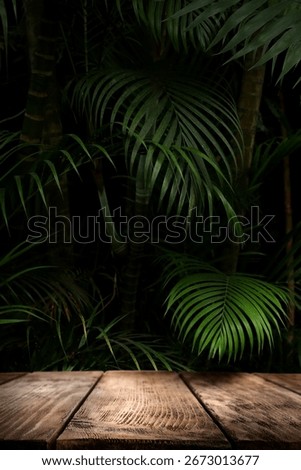 Wooden table in jungle. Empty surface against tropical plants with green leaves. Poster with space for design
