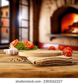 Wooden table with kitchen desk and Italy restaurant interior.  - Powered by Shutterstock