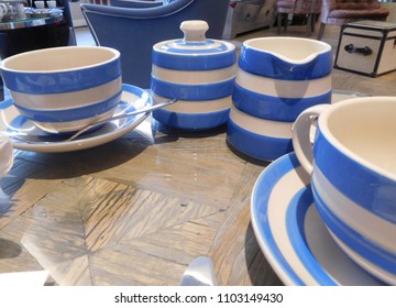blue and white striped crockery sets