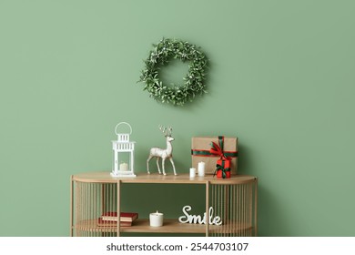 Wooden table with lantern, gift boxes and Christmas decor near green wall - Powered by Shutterstock