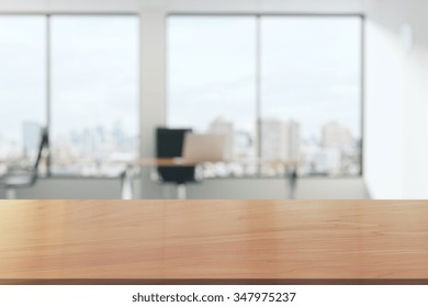 Wooden table in light office with panoramic windows 3D Render - Shutterstock ID 347975237