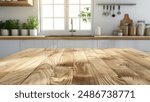 Wooden table on blurred kitchen bench background. Empty wooden table and blurred kitchen background