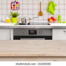 Wooden Table On Blurred Kitchen Bench Background