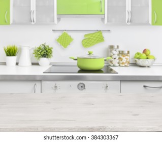 Wooden Table On Green Modern Kitchen Bench Interior Background