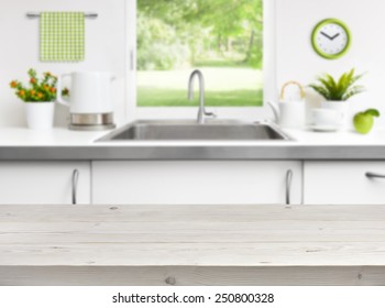 Wooden Table On Kitchen Sink Window Background