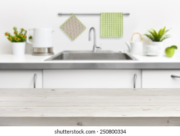 Wooden Table On Kitchen Sink Interior Background