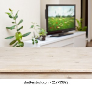 Wooden Table On Lounge Room Interior Background