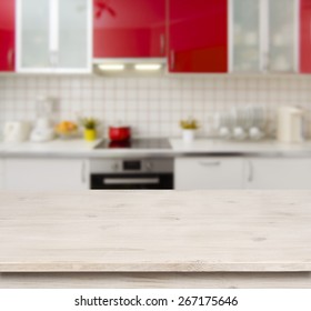 Wooden Table On Red Modern Kitchen Bench Interior Background