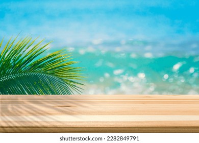 Wooden table on seascape for placing text, products or beverage. for the summer - Shutterstock ID 2282849791