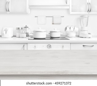 Wooden Table On White Modern Kitchen Interior Background, Pastel Colors