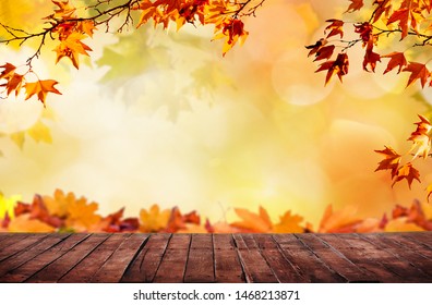 Wooden Table With Orange Fall  Leaves, Autumn Natural Background