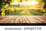 Wooden Table Overlooking Sunlit Vineyard
Rustic wooden table overlooking a sunlit vineyard with grapevines and hanging grapes, perfect for product display or wine tasting.
