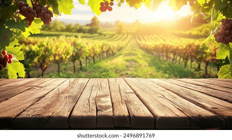 Wooden Table Overlooking Sunlit Vineyard
Rustic wooden table overlooking a sunlit vineyard with grapevines and hanging grapes, perfect for product display or wine tasting.
