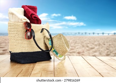 wooden table place and sea and beach  - Powered by Shutterstock