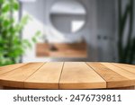 Wooden table for product display in bathroom