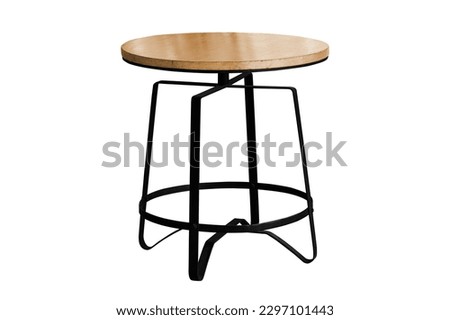 Wooden table steel legs simplistic isolated on white background, work with path.
