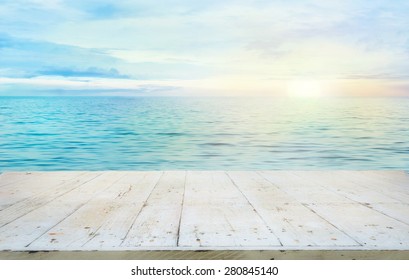 Wooden Table. Summer Background. Ocean With Sunset. Wood Planks For Your Montage