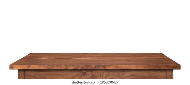 Wooden Table Or Tabletop Isolated On White. Dark Brown Table As Template For Ideas, High Resolution Long Picture. 