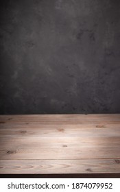 Wooden Table Or Tabletop Near Wall Background, Front Low Angle View