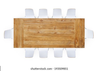 Wooden Table with Ten Chairs Around 