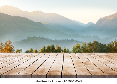 Wooden Table Terrace With Morning Fresh Atmosphere Nature Landscape