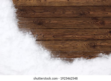 Wooden Table Texture With Snow. Winter Or Christmas  Background Top View.