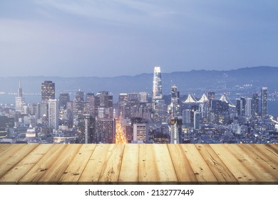 Wooden Table Top With Beautiful San Francisco Skyline At Night On Background, Mockup