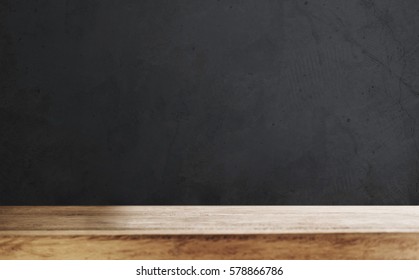 Wooden Table Top With Black Wall Background