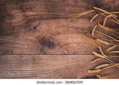 Wooden Table, Top Down Background With Wheat