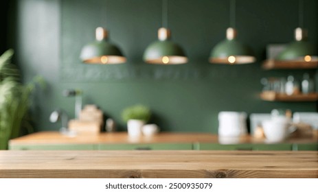 Wooden table top on blur kitchen room background,Modern Contemporary green kitchen room interior - Powered by Shutterstock