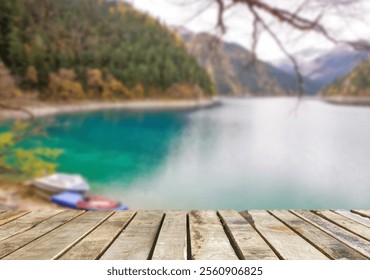 Wooden table top on blur stream water and forest natural background in waterfall Thailand natiom park.For montage product display or design key visual layout.view of copy space. - Powered by Shutterstock