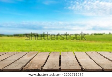 Wooden table top on blur mountain and grass field.Fresh and Relax concept.For montage product display or design key visual layout.View of copy space.
