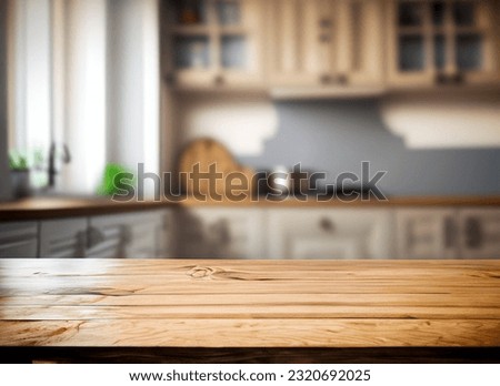 Wooden table top on defocused kitchen background