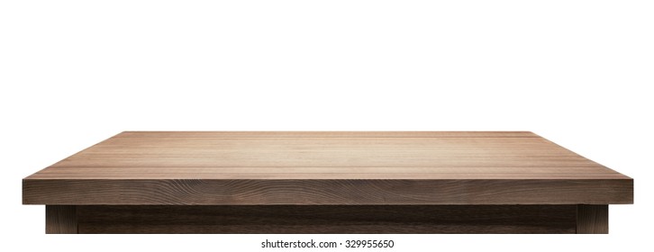 Wooden table top on white background. - Shutterstock ID 329955650