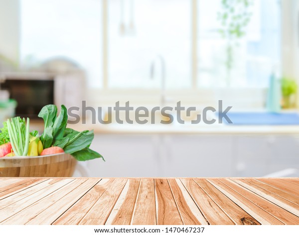 Wooden Table Top Over Blurred Kitchen Stock Photo Edit Now 1470467237