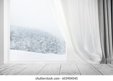 Wooden Table And Window On Background