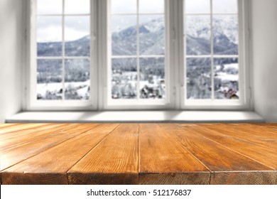 Wooden Table And Window Of Winter 